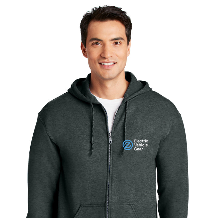 Electric Vehicle Gear Embroidered Gildan Men's Full Zip Hooded Sweatshirt (Dark Heather Gray)