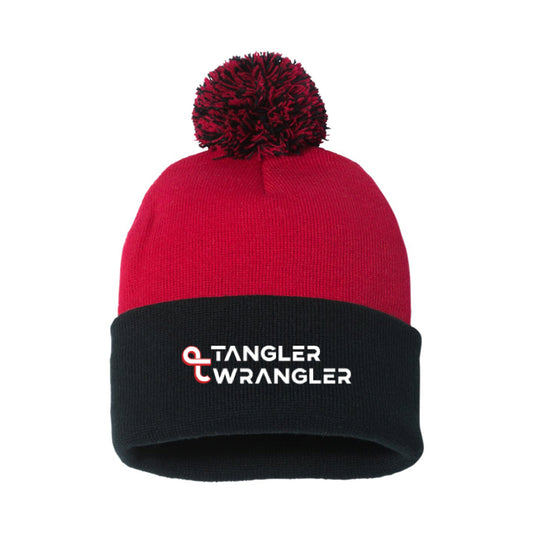 Tangler Wrangler Embroidered Sportsman Pom-Pom Beanie: Black and Red